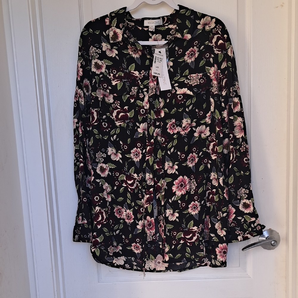 NWT MAGAZINE  Black Floral Blouse with Pink and Cream Accents & Drawstring Waist